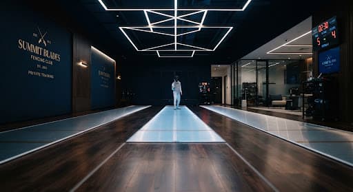 A modern fencing hall with a lit piste and dark navy walls
