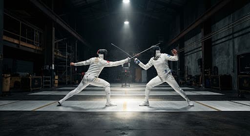 Two fencers training on a dramatic academy piste